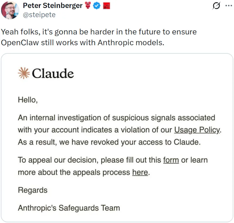 Anthropic Temporarily Suspends OpenClaw Creator’s Access to Claude, Then Quickly Reinstates It