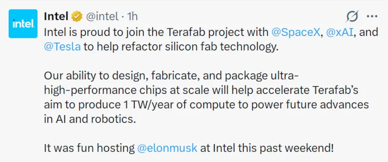 Intel Joins Forces with SpaceX, xAI, and Tesla on Ambitious TeraFab Chip Manufacturing Initiative